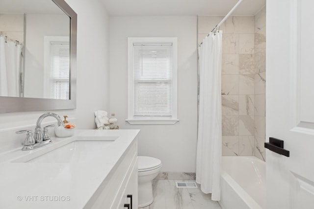 full bathroom with vanity, shower / bathtub combination with curtain, and toilet