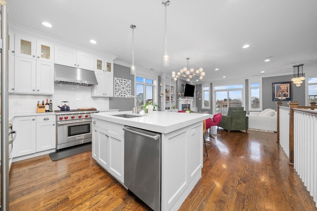 kitchen featuring stainless steel appliances, white cabinetry, sink, and a center island with sink