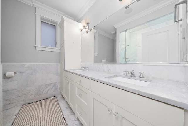 bathroom featuring walk in shower, ornamental molding, vanity, and tile walls