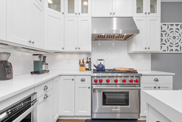 kitchen featuring backsplash, range hood, white cabinets, and stainless steel appliances