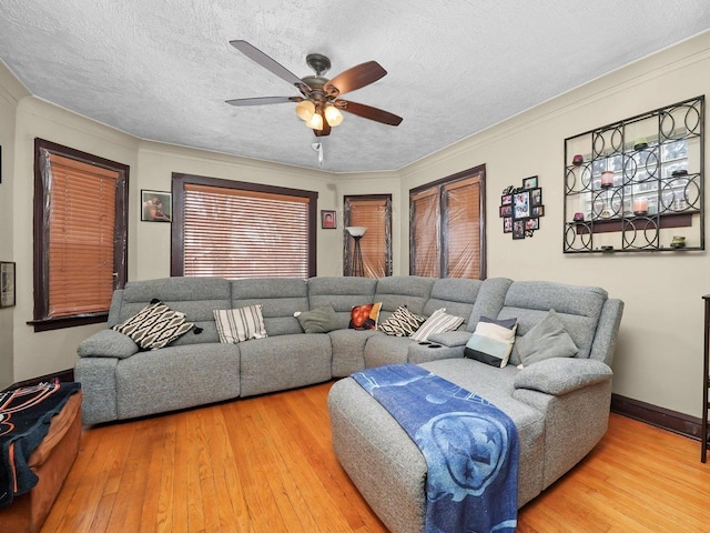 living room featuring crown molding, hardwood / wood-style flooring, a textured ceiling, and ceiling fan