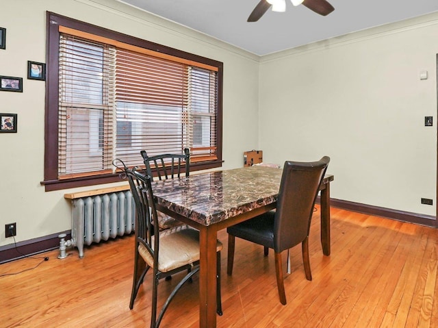 dining room with crown molding, ceiling fan, radiator, and light hardwood / wood-style floors