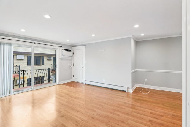 unfurnished living room featuring baseboard heating, ornamental molding, light hardwood / wood-style flooring, and an AC wall unit