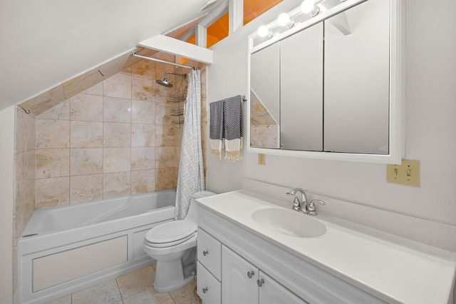 full bathroom with vanity, shower / tub combo, tile patterned floors, and toilet