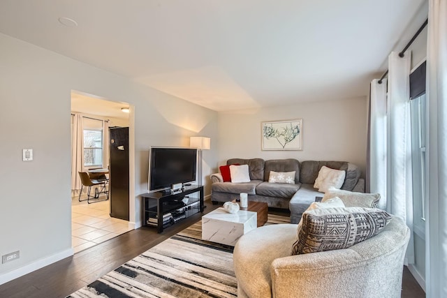 living room featuring wood-type flooring and baseboards