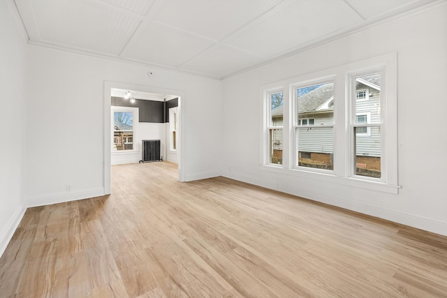 unfurnished room featuring radiator and light wood-type flooring