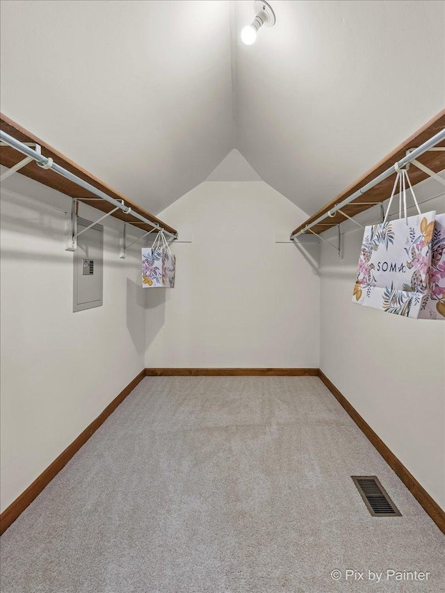 spacious closet featuring vaulted ceiling, carpet floors, and electric panel