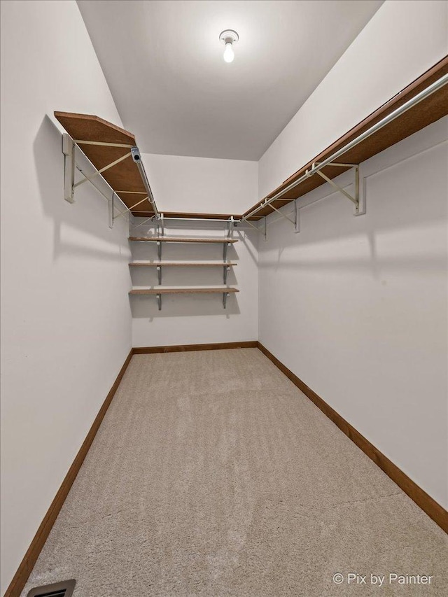 walk in closet featuring light carpet