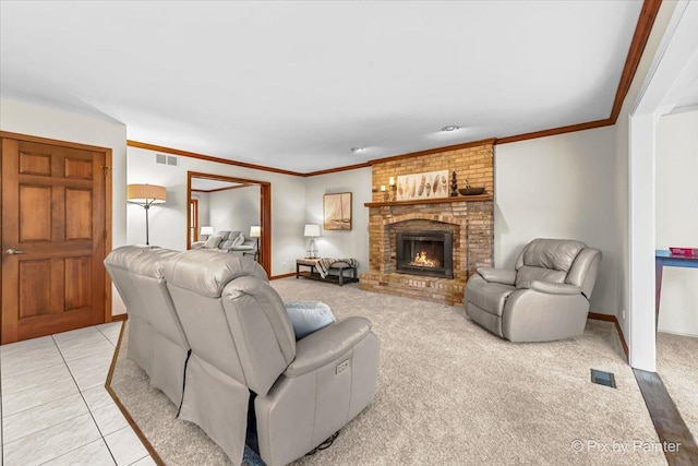 living room featuring ornamental molding, light colored carpet, and a fireplace