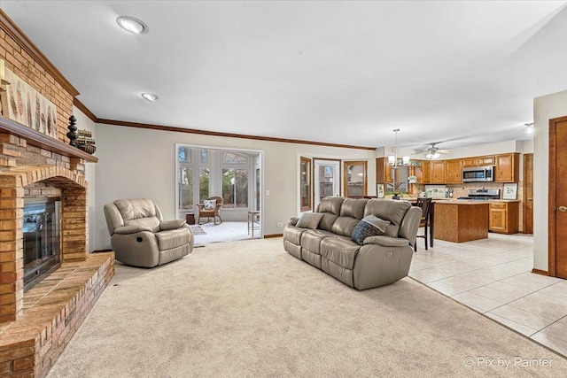 carpeted living room with a brick fireplace and crown molding