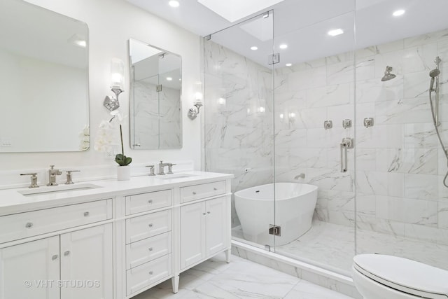 bathroom featuring independent shower and bath and vanity