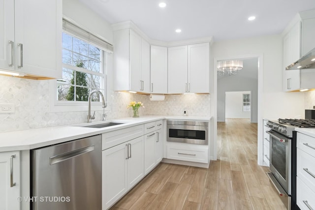 kitchen with white cabinetry, sink, light hardwood / wood-style floors, and appliances with stainless steel finishes