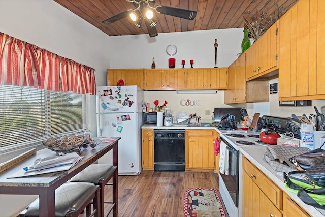 kitchen with sink, wood ceiling, ceiling fan, dark hardwood / wood-style flooring, and white appliances