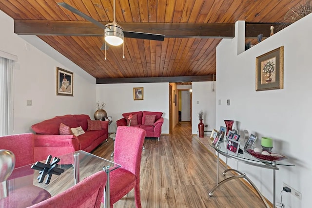 living room featuring ceiling fan, wood-type flooring, lofted ceiling with beams, and wooden ceiling