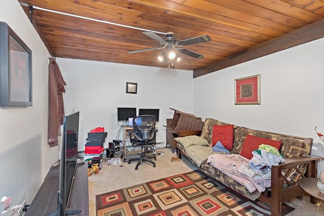 office area with wood ceiling, dark carpet, and ceiling fan