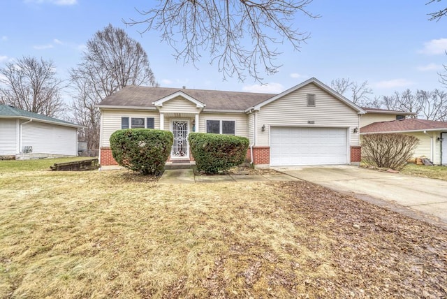 ranch-style house with a garage and a front lawn