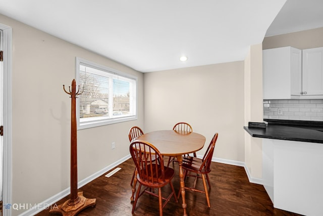 dining space featuring recessed lighting, visible vents, dark wood finished floors, and baseboards