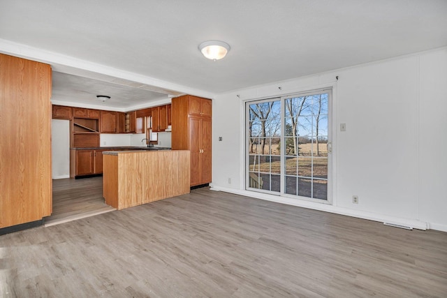 kitchen with sink, kitchen peninsula, and hardwood / wood-style floors