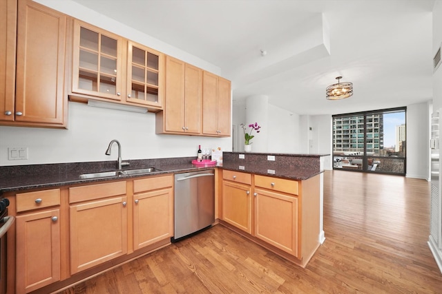 kitchen with light wood-style flooring, a peninsula, a sink, stainless steel dishwasher, and glass insert cabinets