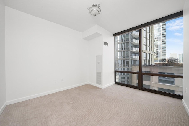 carpeted spare room with expansive windows, visible vents, and baseboards