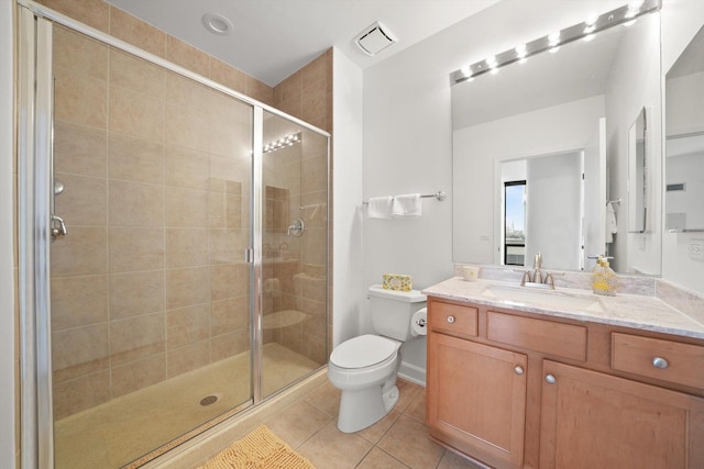 full bath featuring a stall shower, visible vents, toilet, tile patterned flooring, and vanity