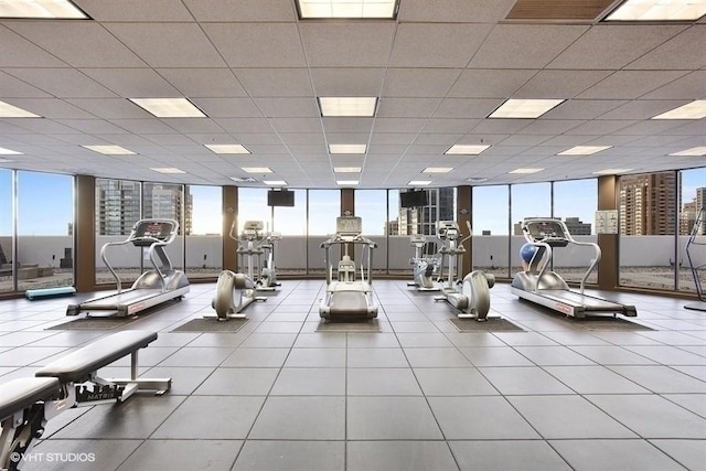 gym featuring a wall of windows, a wealth of natural light, and a drop ceiling