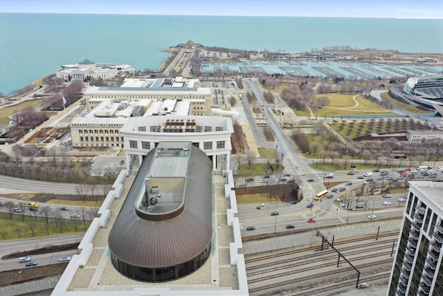 aerial view featuring a water view