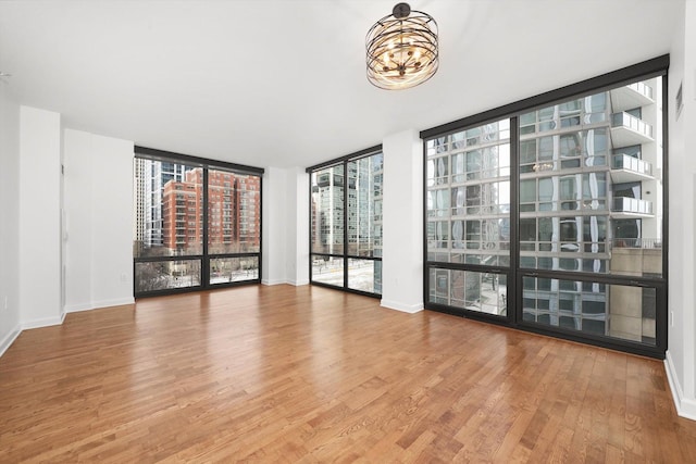 spare room featuring a wall of windows, wood finished floors, and baseboards