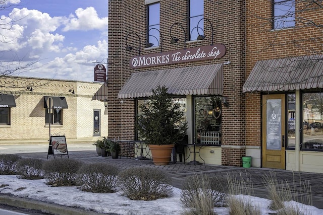 view of snow covered building