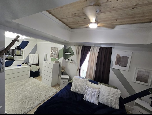 bedroom with wooden ceiling, ceiling fan, and light wood-type flooring