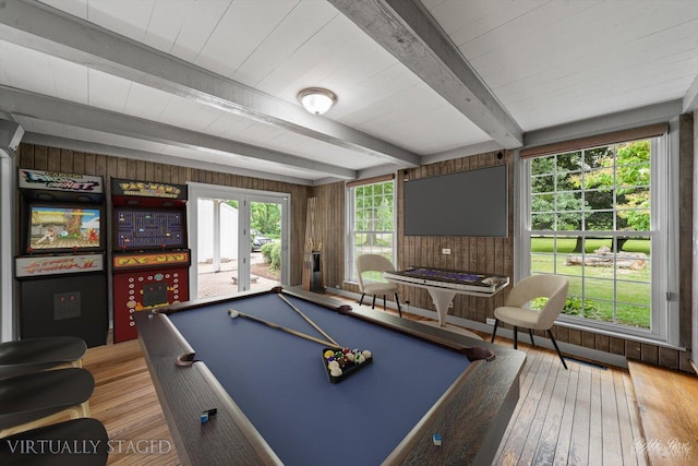 6N356 Dunham Rd, Wayne, IL 60184 - game room with pool table, hardwood / wood-style flooring, wooden walls, and beam ceiling