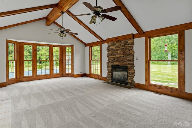 6N356 Dunham Rd, Wayne, IL 60184 - unfurnished living room featuring beam ceiling, ceiling fan, a stone fireplace, carpet, and high vaulted ceiling