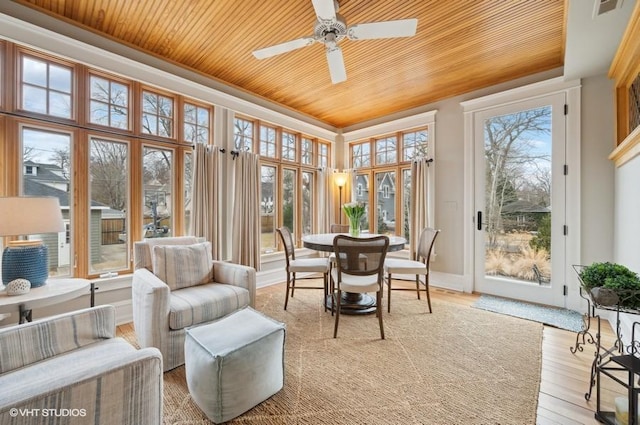 sunroom featuring a tray ceiling, wood ceiling, and ceiling fan