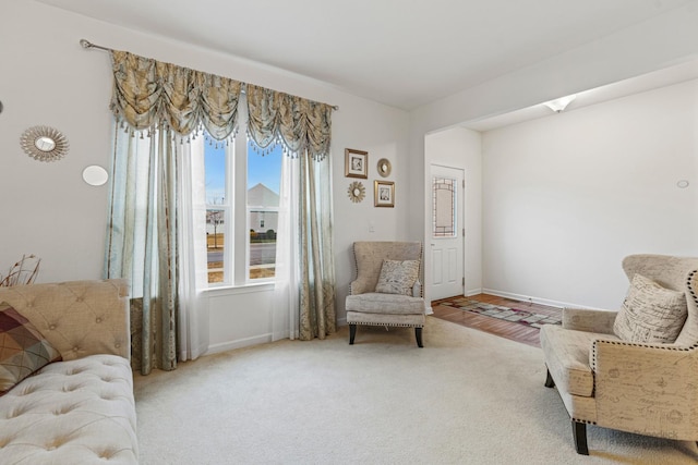 living area with baseboards and carpet