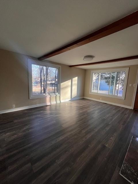 unfurnished living room featuring beam ceiling, plenty of natural light, and dark wood-type flooring