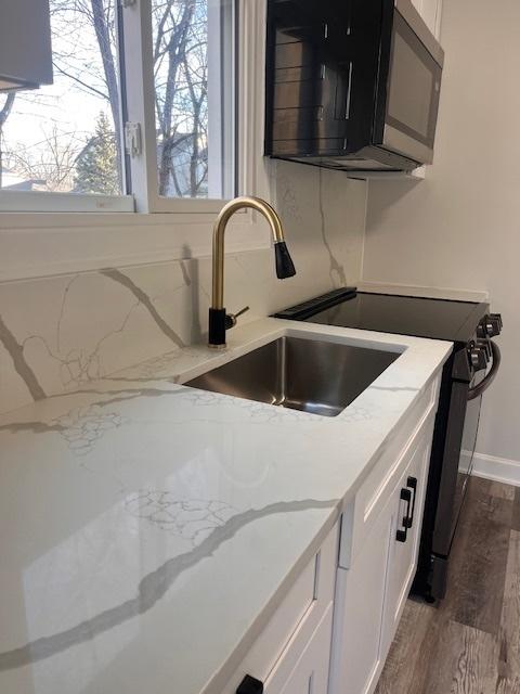 kitchen with white cabinetry, sink, light stone counters, and dark hardwood / wood-style flooring