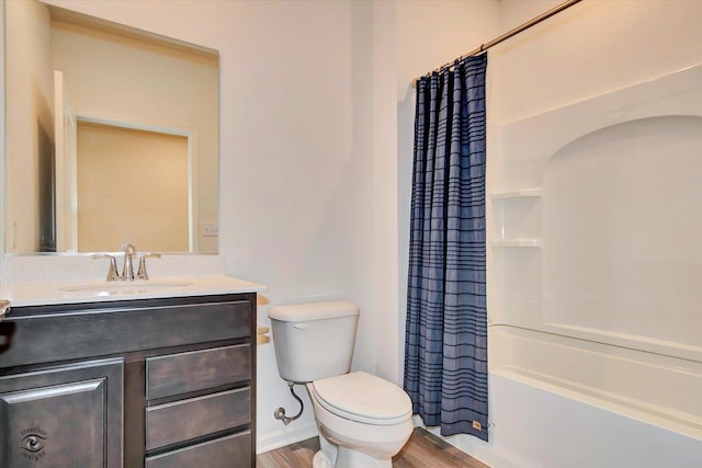 full bathroom featuring shower / bath combination with curtain, vanity, toilet, and wood-type flooring