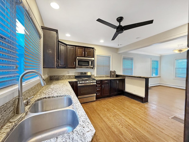 kitchen with dark brown cabinetry, stainless steel appliances, sink, and light hardwood / wood-style flooring