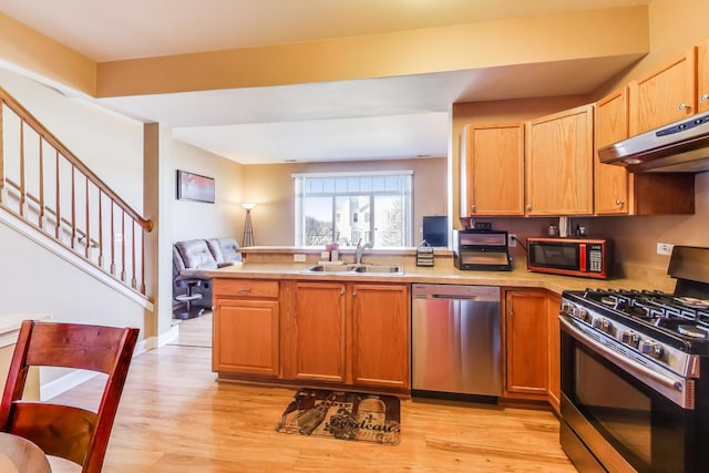 kitchen with appliances with stainless steel finishes, a peninsula, light countertops, under cabinet range hood, and a sink