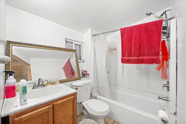 full bathroom with vanity, tile patterned floors, shower / bath combination with curtain, and toilet