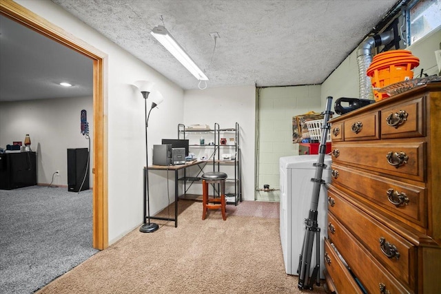 office space with light carpet and a textured ceiling