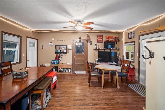 dining area with ceiling fan, a textured ceiling, and dark hardwood / wood-style flooring