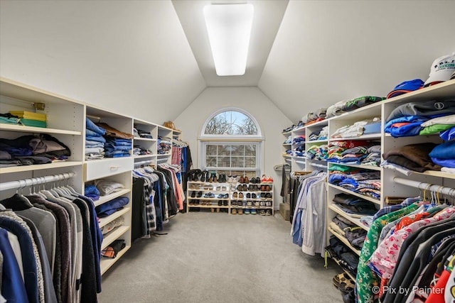 spacious closet featuring lofted ceiling and light colored carpet