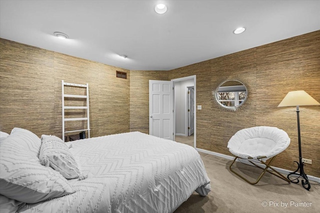 carpeted bedroom with baseboards, visible vents, and recessed lighting