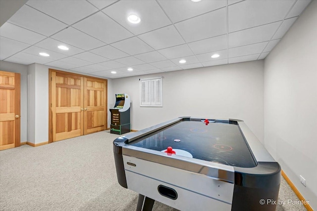 recreation room with carpet floors, recessed lighting, and baseboards