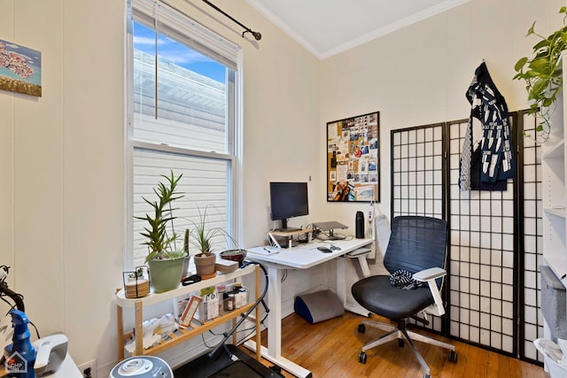 home office with hardwood / wood-style floors and ornamental molding