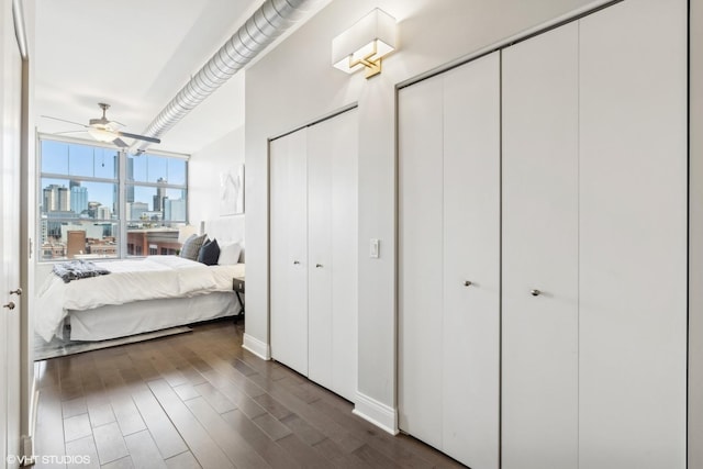 bedroom with dark hardwood / wood-style flooring, a wall of windows, and multiple closets