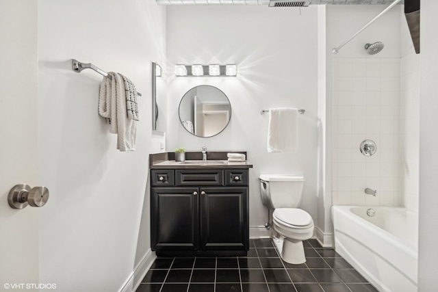 full bathroom featuring tiled shower / bath combo, vanity, tile patterned flooring, and toilet