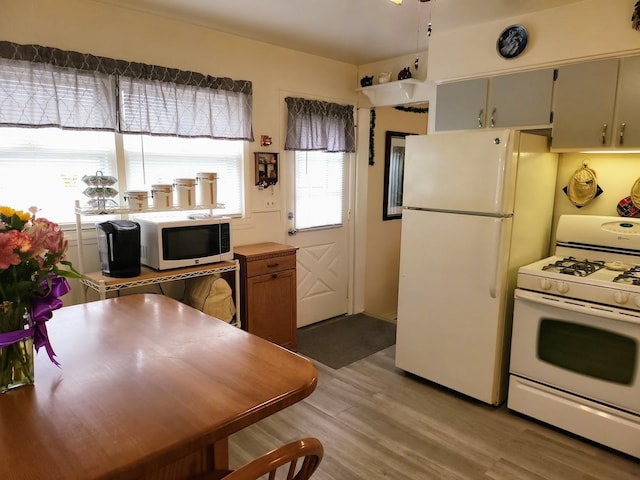 kitchen featuring cream cabinetry, white appliances, and light hardwood / wood-style floors