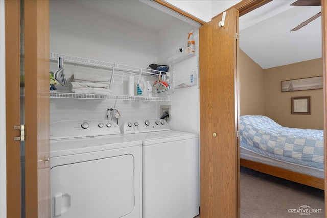 washroom with washer and dryer, laundry area, carpet, and a ceiling fan